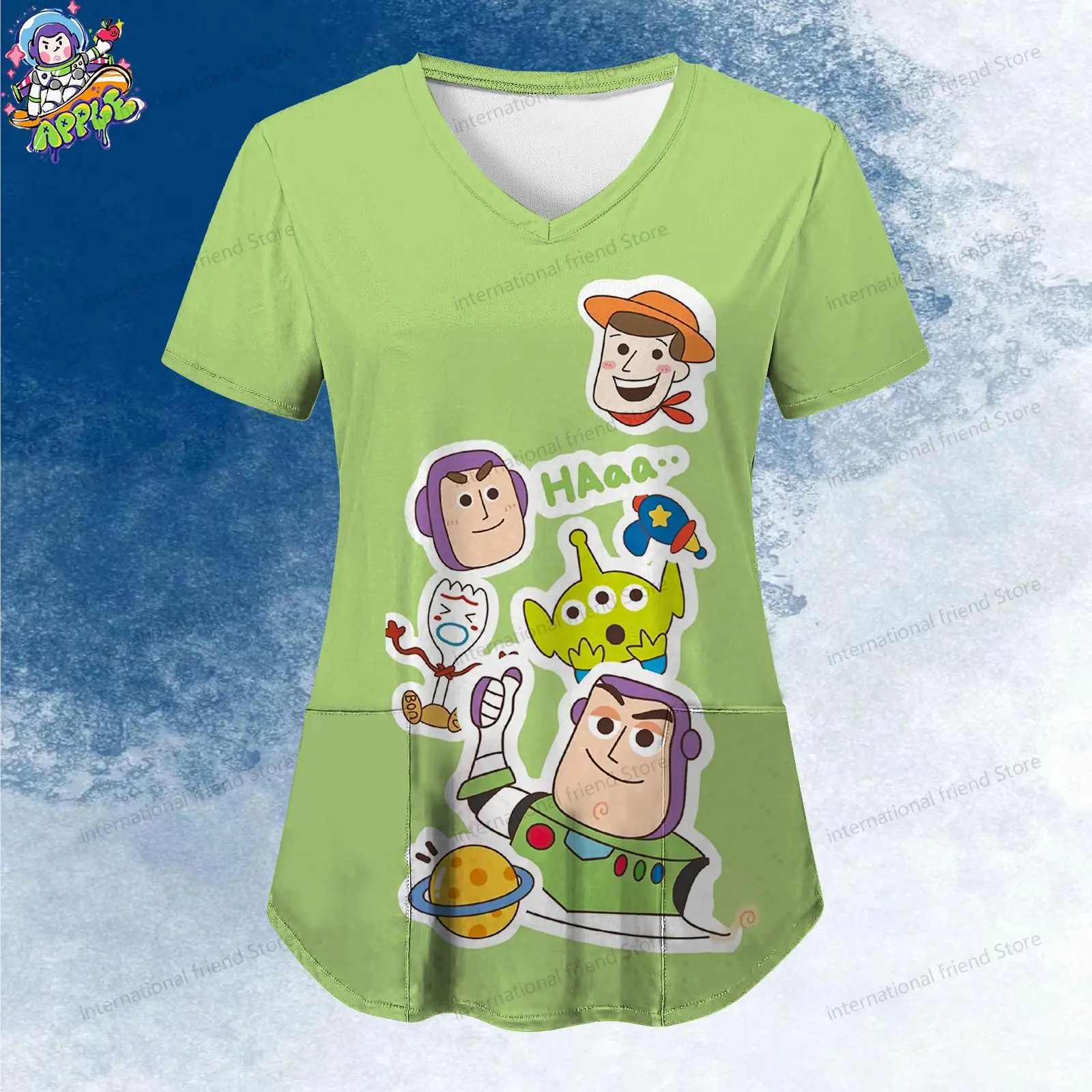 Pocket Woody Women's V Neck Nurse Uniform T-Shirt Disney Toy Story Y2k Youthful Woman Clothes Cheap Top Summer Short Sleeve 2024