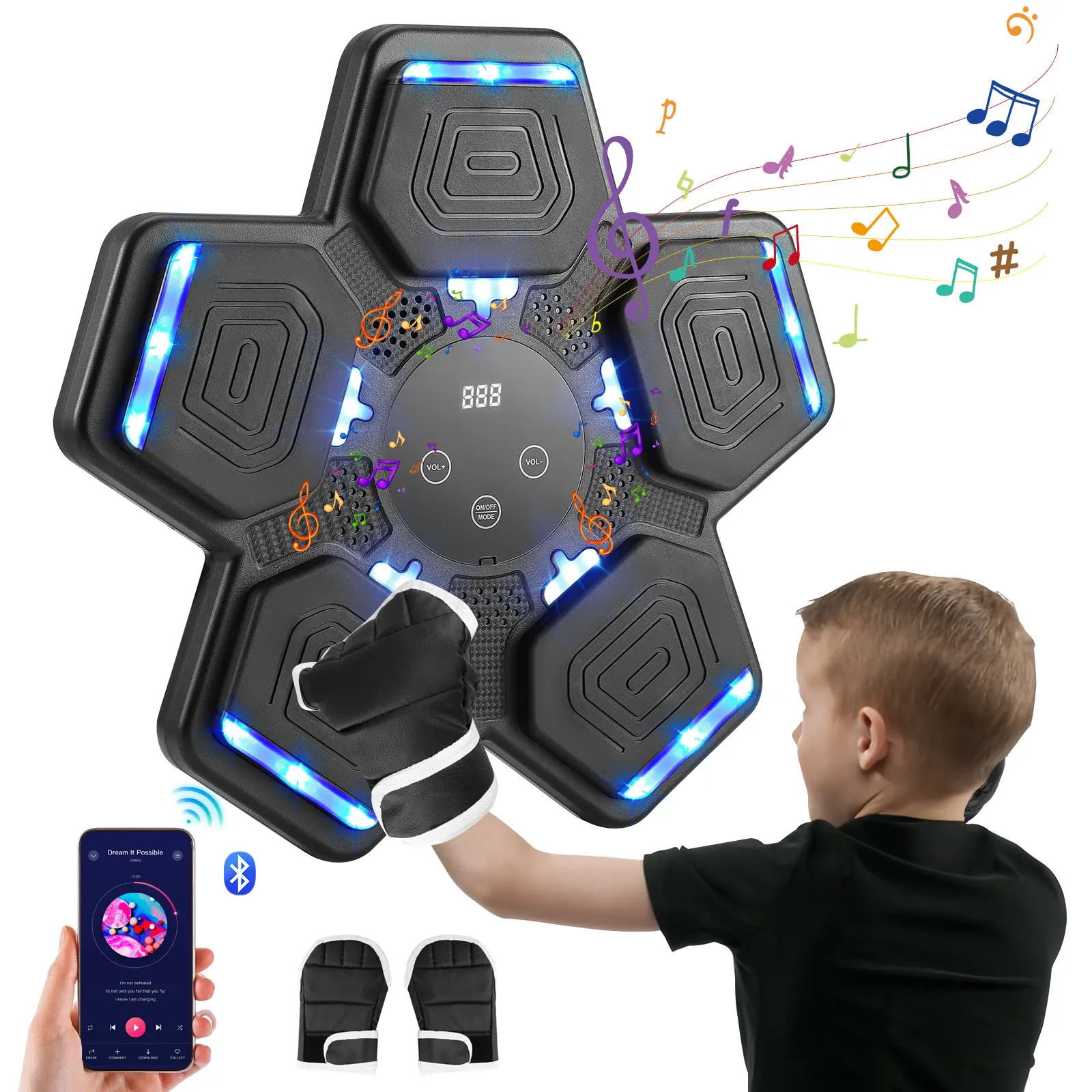 Kids Music Boxing Machine Wall Mounted, Smart Music Boxing Machine With LED Light Bluetooth Music With Boxing Gloves