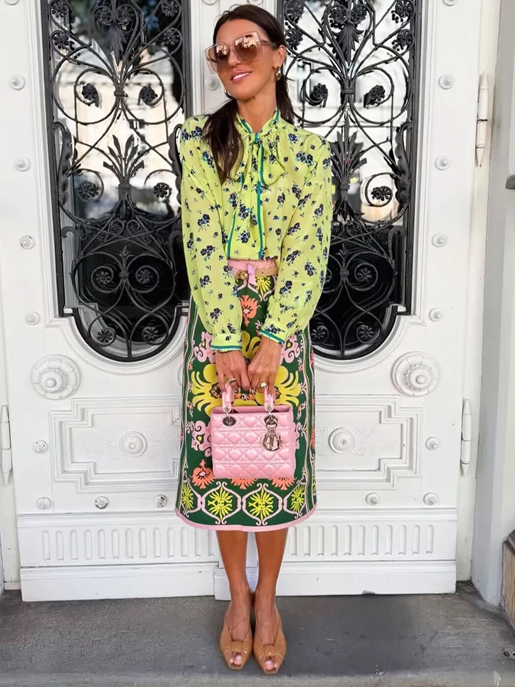Elegant Skirt Set For Women Fashion Holidays Printed Casual Bow Collar Shirt Midi Skirt 2026 Trendy Lady Straight Skirt Set