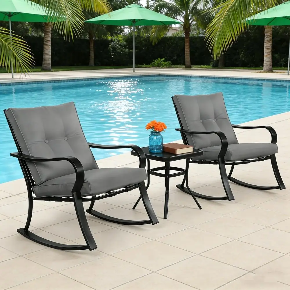 Outdoor 3-Piece Rocking Chairs Patio Bistro Set Black Steel urniture with Thickened Cushion and Glass-Top Coee Table, Grey view 6