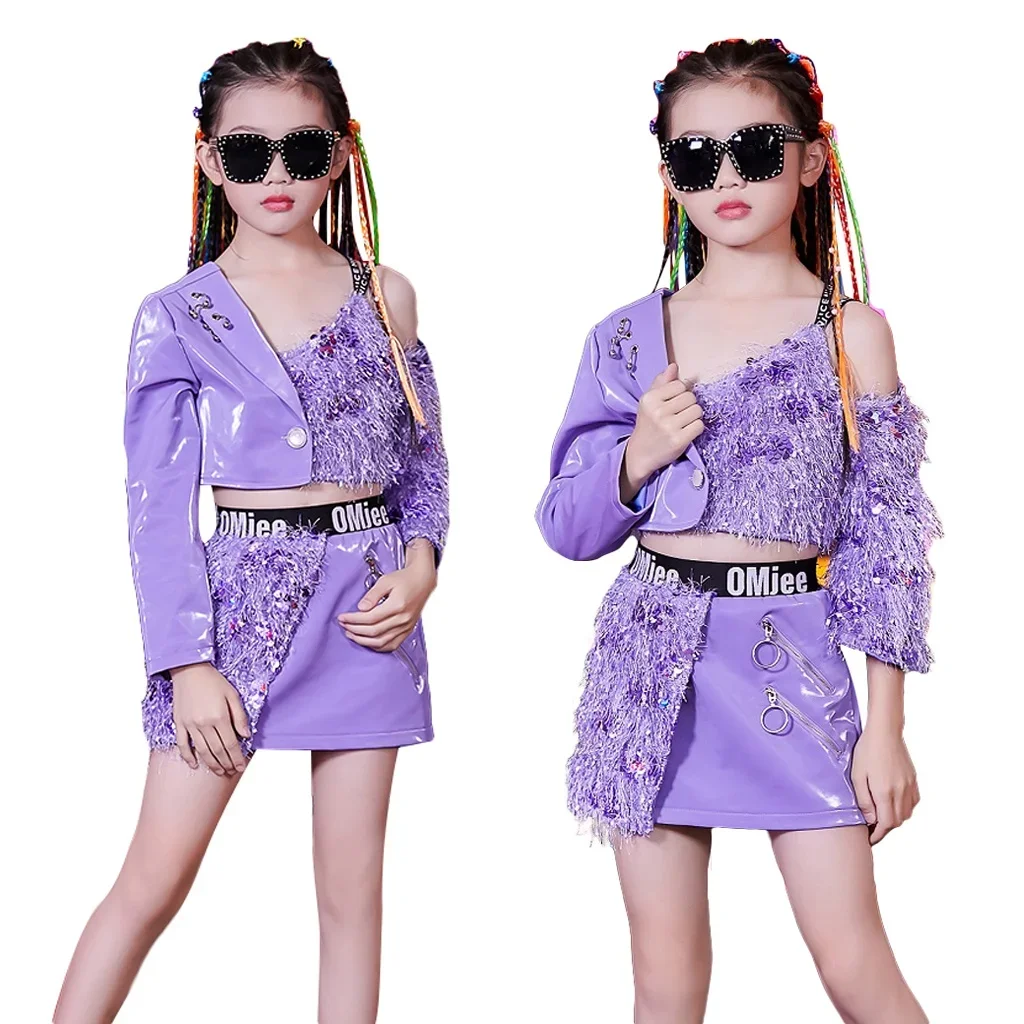 Kids Girls Purple Sequins Jazz Street Dance Costume Hip Hop Outfit Catwalk Trendy Clothing Stage Performance Wear