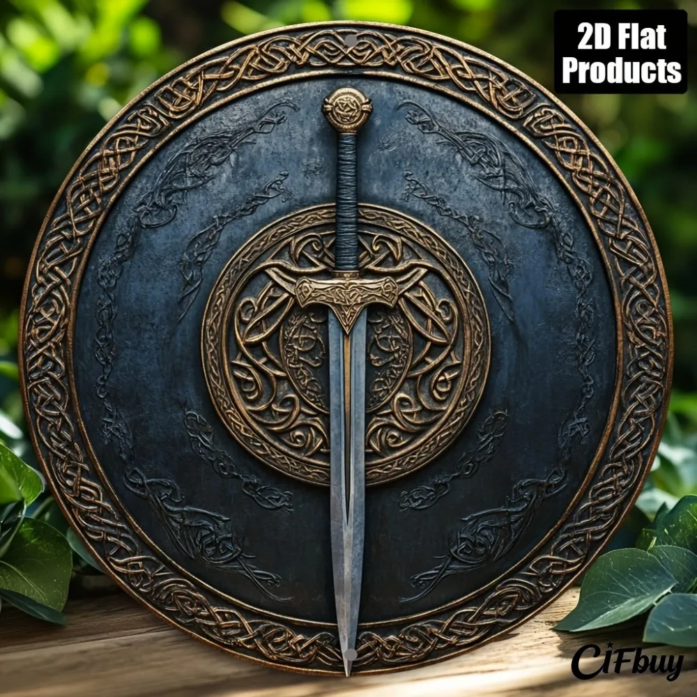 CIFbuy Vintage Sword And Shield Aluminum Wall Art Waterproof Durable Metal Sign For Home Office Bar