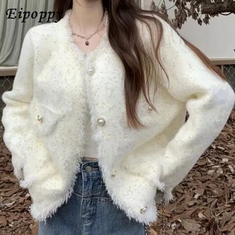 เสื้อคาร์ดิแกนถักสั้นสำหรับผู้หญิงเสื้อสเวตเตอร์ขนาดเล็กสไตล์ฝรั่งเศสฤดูใบไม้ร่วง