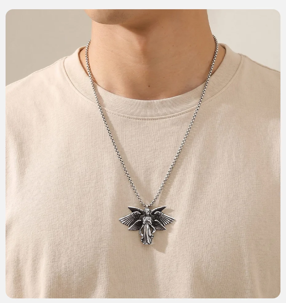 Vnox Edelstahl-Halskette mit sechs Engelsflügeln für Herren, dunkle Gothic-Biker-Kette, silberfarben, Punk-Schmuck, Geschenke – Detail 2