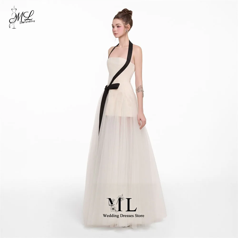 ML Captivating Black And Ivory Halter Neck Evening Dress Tulle Bow Floor Length Corset Back Prom Party Formal Gowns Customized
