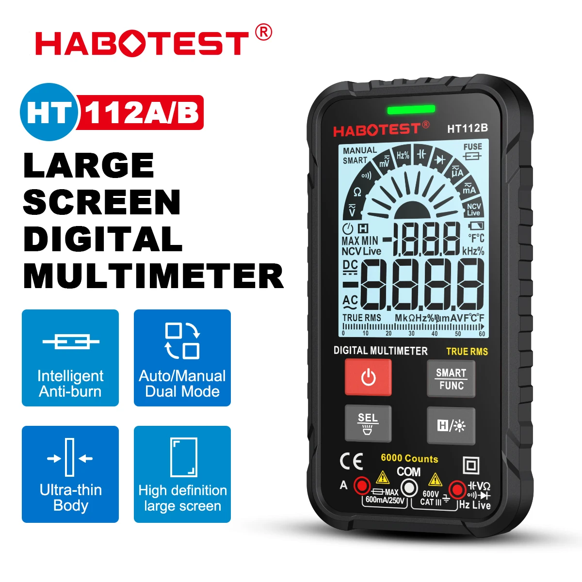 HABOTEST HT112B multimetro digitale intelligente gamma automatica voltmetro DMM True RMS misuratore di tensione NCV 4000 conteggi Smart Multitester