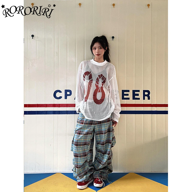 

RORORIRI Women's Oversized Cargo Pants American High Street Pockets Straight Leg Green Plaid Checkered Trousers Dance Hip Pop