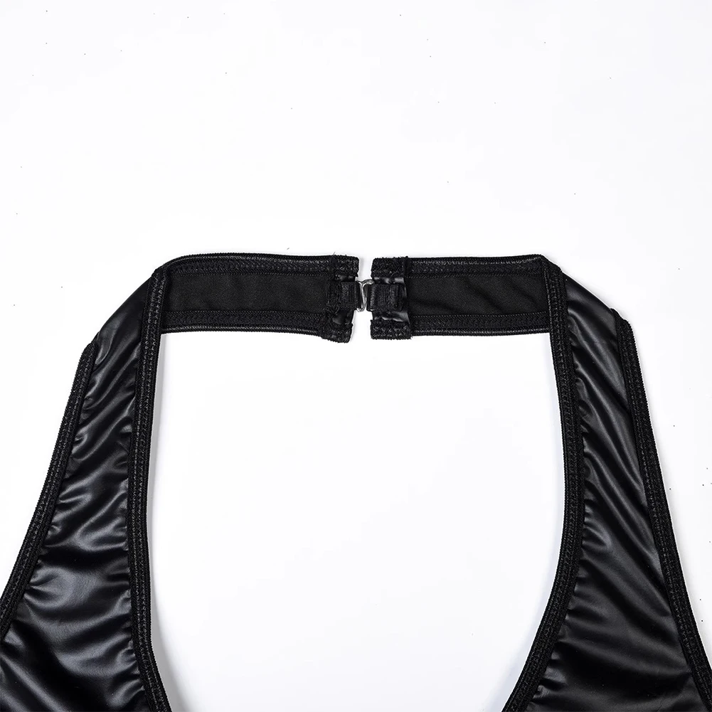 

Женский комплект нижнего белья из искусственной кожи с лямкой на шее, комплект нижнего белья, ночное белье, сексуальный полый мокрый вид, черный, удобный модный