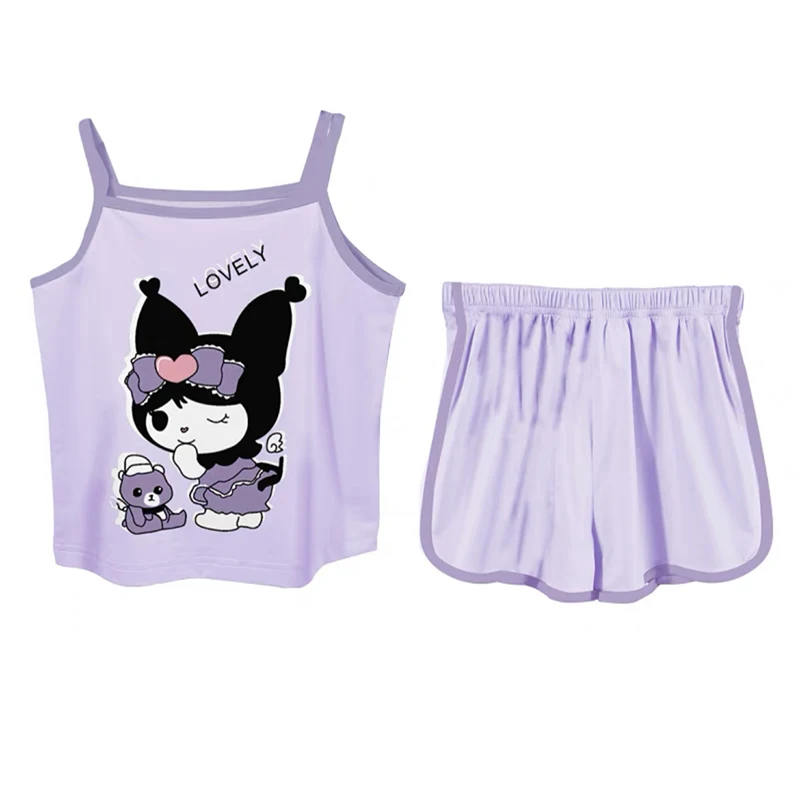 Sanrio Kawaii Kuromi Girls Vest Harness Pajamas Summer Cartoon Sweet Cute Thin Sleeveless Housewear Set Gift for Kids