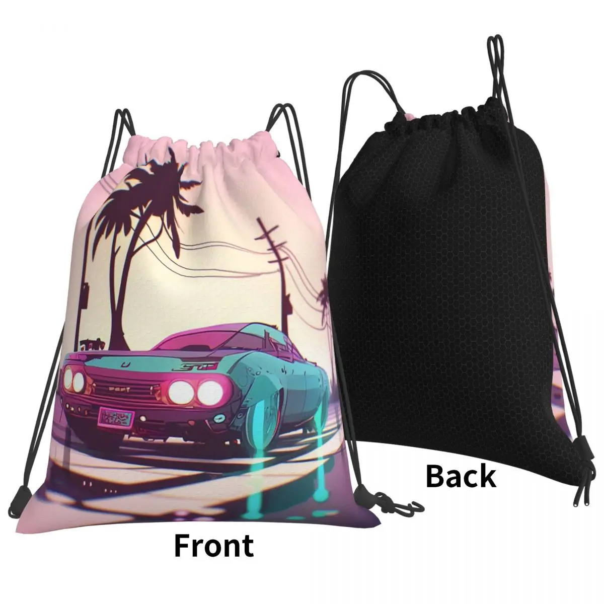 Vaporwave Summer Neon Cruise Backpacks Multi-function Drawstring Bags Sports Bag Book Bags for Man Woman School