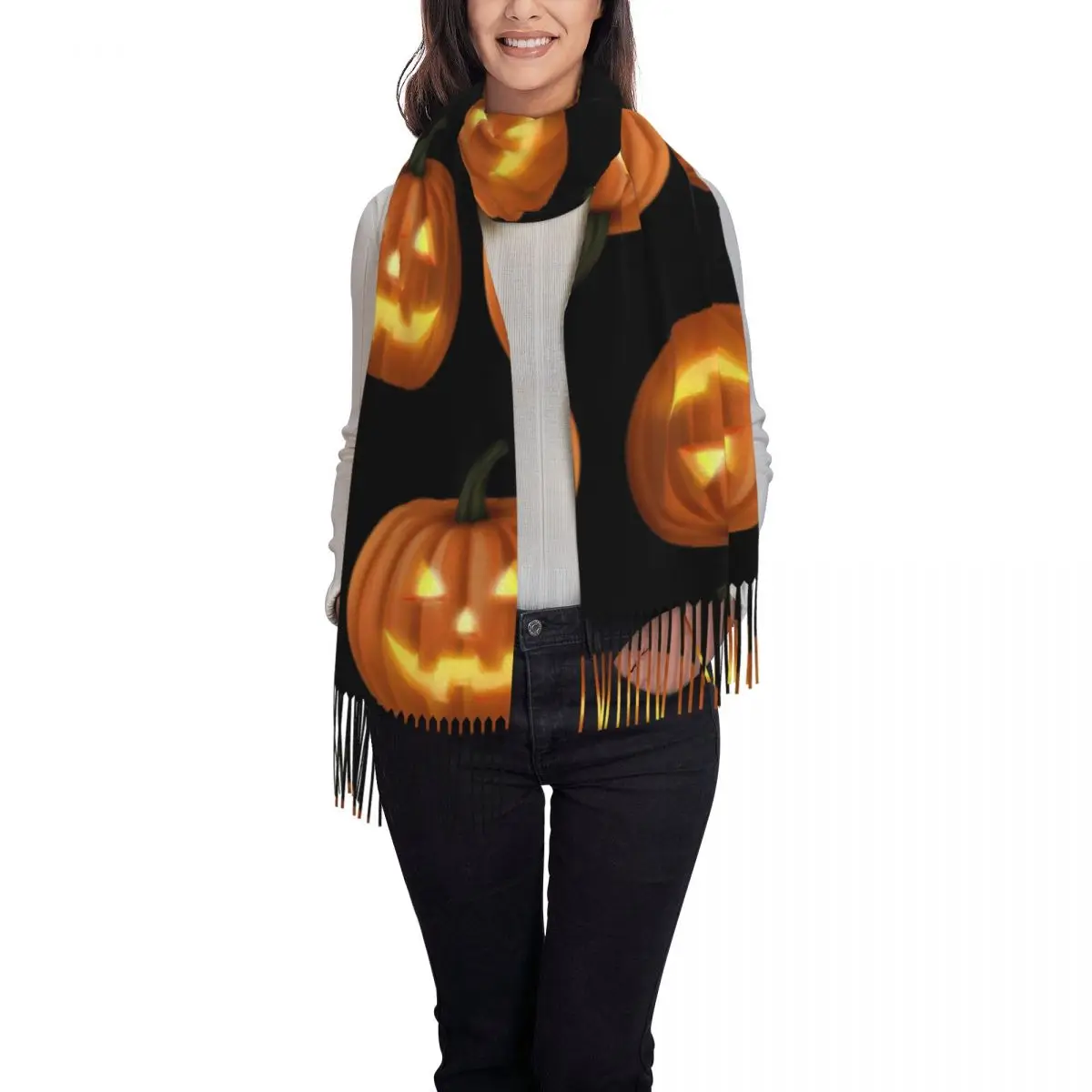 Szal z dynią na Halloween, szaliki z frędzlami dla kobiet, miękkie, ciepłe szale i narzutki, długi szal na jesień i zimę.