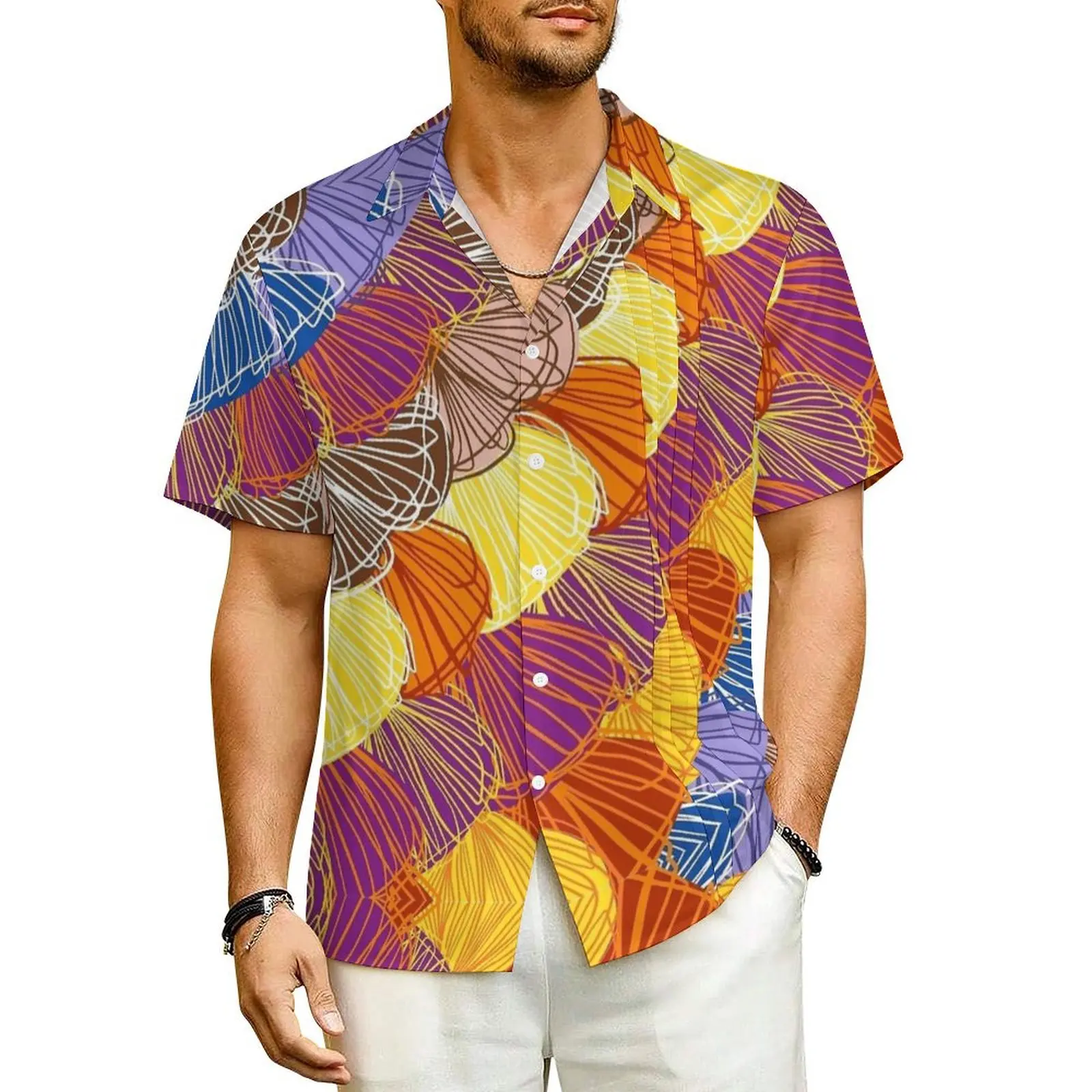 

Sea Shells Wave Design Hawaiian Shirt For Men Beach Casual Shirts Short-Sleeved Breathable Design Classic Oversized Blouses