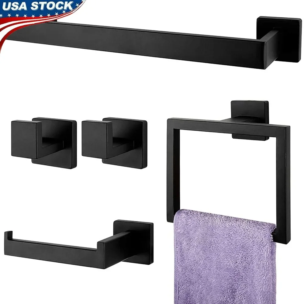 

Набор аксессуаров для ванной комнаты из 5 предметов, матовый черный вешалка для полотенец из нержавеющей стали, держатель для туалетной бумаги, крючки для полотенец, настенное оборудование