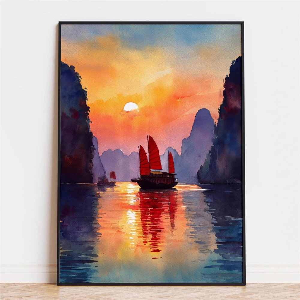 Ha Long Bay Vietnam Watercolor Travel Poster Sunset Boat Wall Art Print Vietnam Travel Canvas Painting Sunset Art Decor