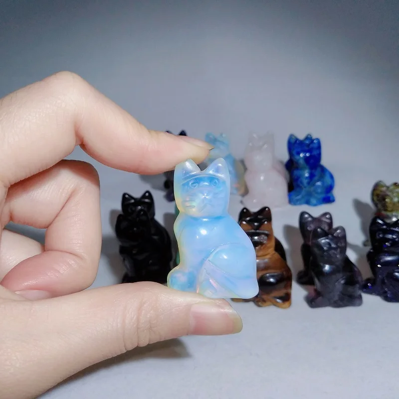 1Pcs Natural Crystal Cat Statue Rose Quartz Amethyst Obsidian Reiki   Healing Animals Figurines Lucky Stones Home Decor Crafts