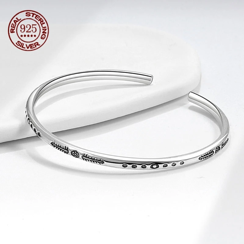 Simplicity 925 Sterling Silver Retro leaf and vine patterns Feather Thin Cuff Bangle Bracelet for Women Men Jewelry Gift