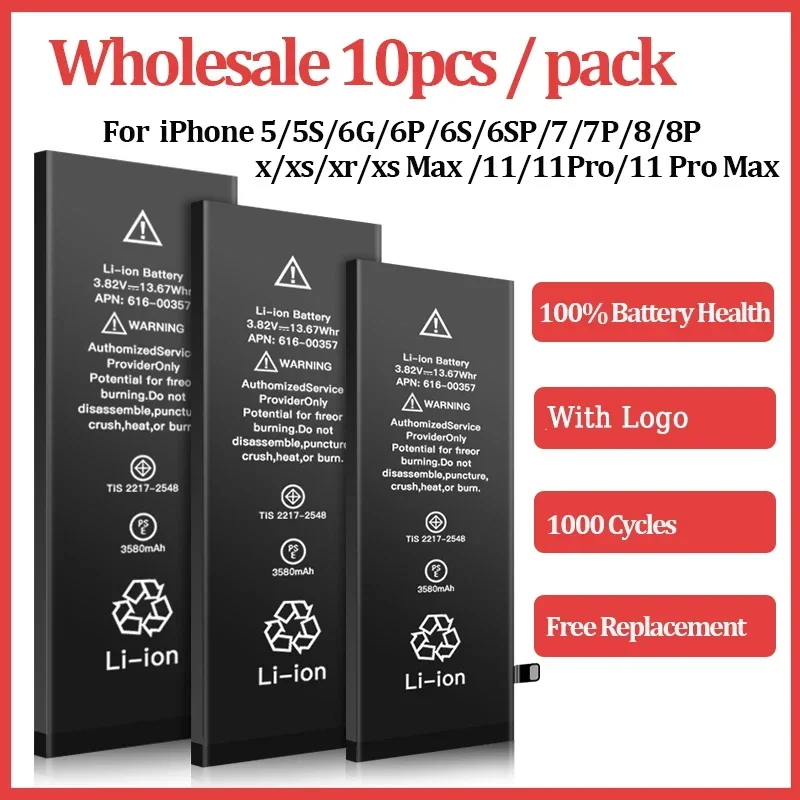 10pcs/lot 0 Cycles Wholesale Battery For iPhone 6S 6 7 8 Plus 5S SE  X XS 11 12 13 14 15 Pro Max Mini Replacement Batteries