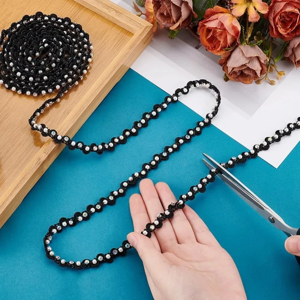 4 ياردة اللؤلؤ الدانتيل تقليم 3/8 بوصة أسود متموج شريطة من الدانتيل اللؤلؤ هامش حجر الراين هامش زين النسيج الأعرج الشريط صنع عدة