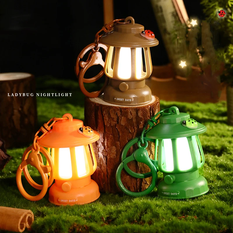 Creative Ladybird Animal Nightlight Keychain Pendant Vintage Bright Table Lamp Keyring Student Bag Trinket Couple Key Chain Gift