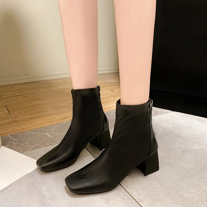 Casual Women's Thick Heel Medium Heel Boots Women's 2024 New Winter Square Toe Back Zipper Heightening Short Boots