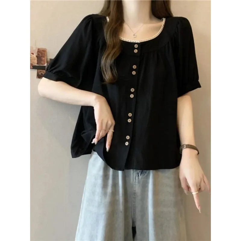 Women's Lace Trim Square Neck Puff Sleeve Blouse Button Front Loose Fit Casual Top