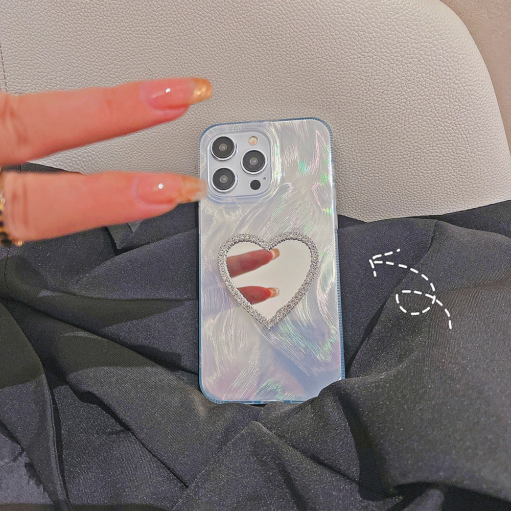 Luxury Diamond Love Heart Mirror Gradient Laser Phone Case For iPhone15 14 11 12 13Pro Max Plus Camlet IMD Shockproof Back Cover