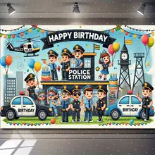 Policeman Helicopter City Round Birthday Backdrop Kit