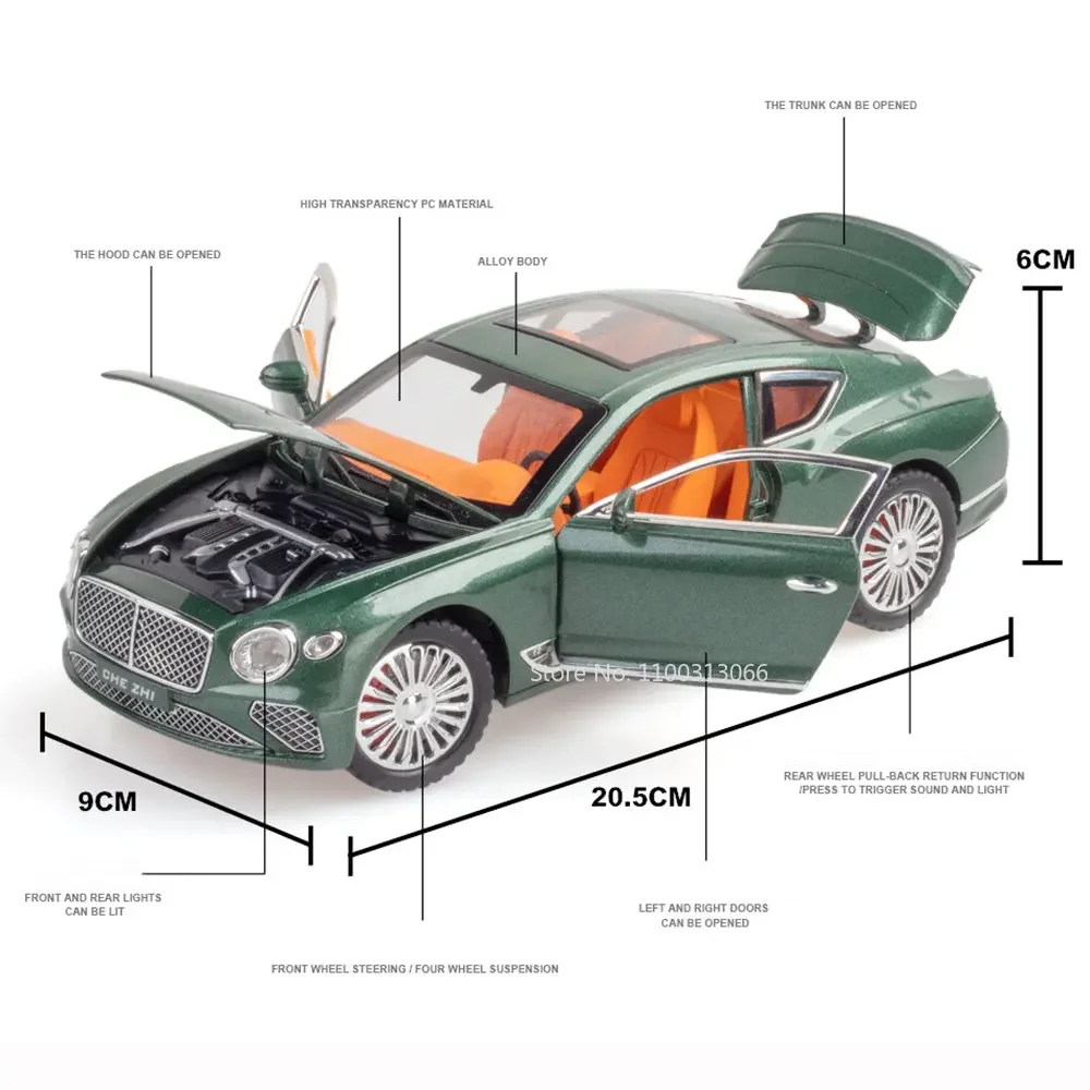 Maßstab 1:24, kontinentales Legierungsdruckguss-Modellauto, Spielzeug, 4 Türen, geöffnetes Sound, Licht, zurückziehbare Ornamentfahrzeuge für Kinder, Geschenke