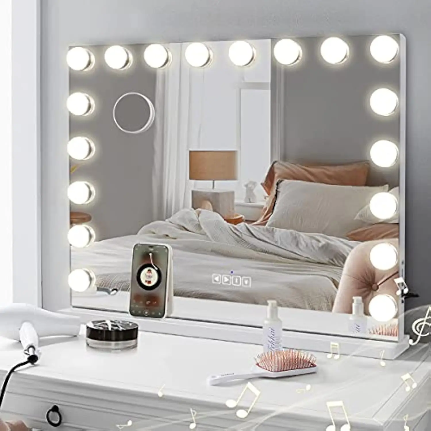 

Large Hollywood Vanity Mirror with Lights Bluetooth 18 Dimmable LED Bulbs, 3 Color Modes Lighted Makeup Mirror with USB Chargi