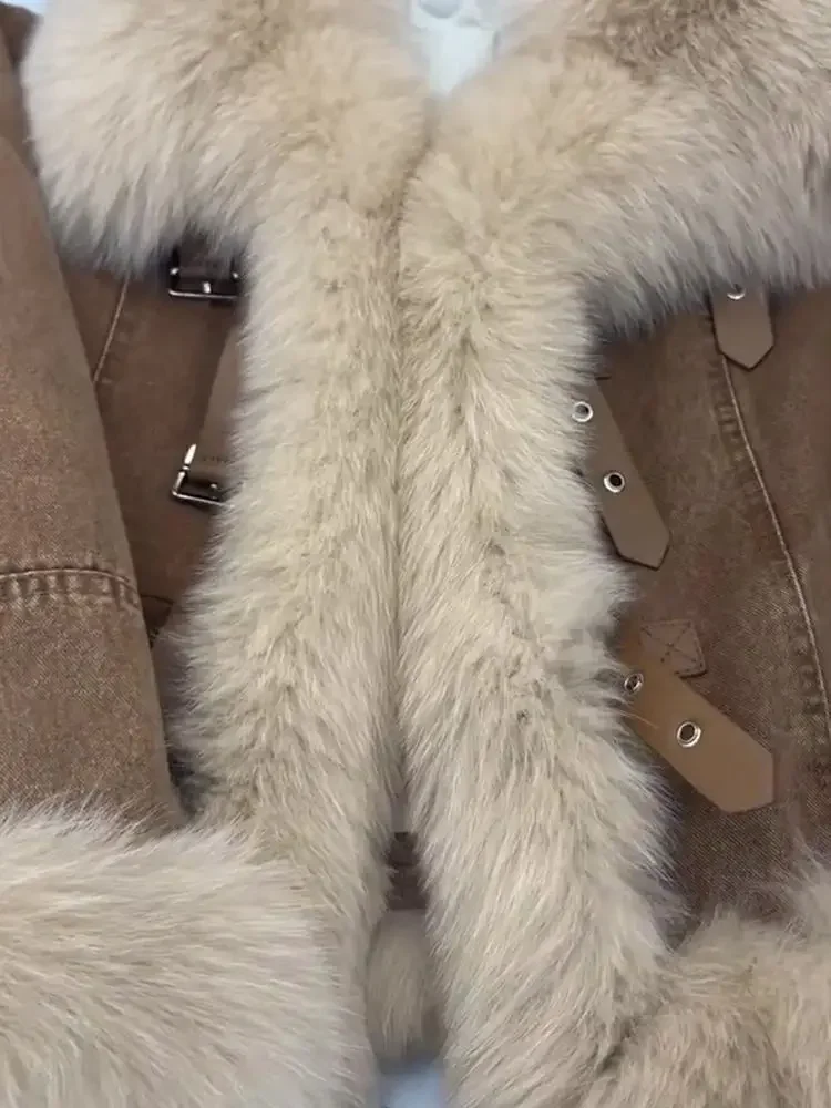 

2025. Women Winter Retro Fur Stitching Denim Cotton Jacket Loose Plus Velvet Thicken Cardigan Fur Coat Women Warm Denim Coat