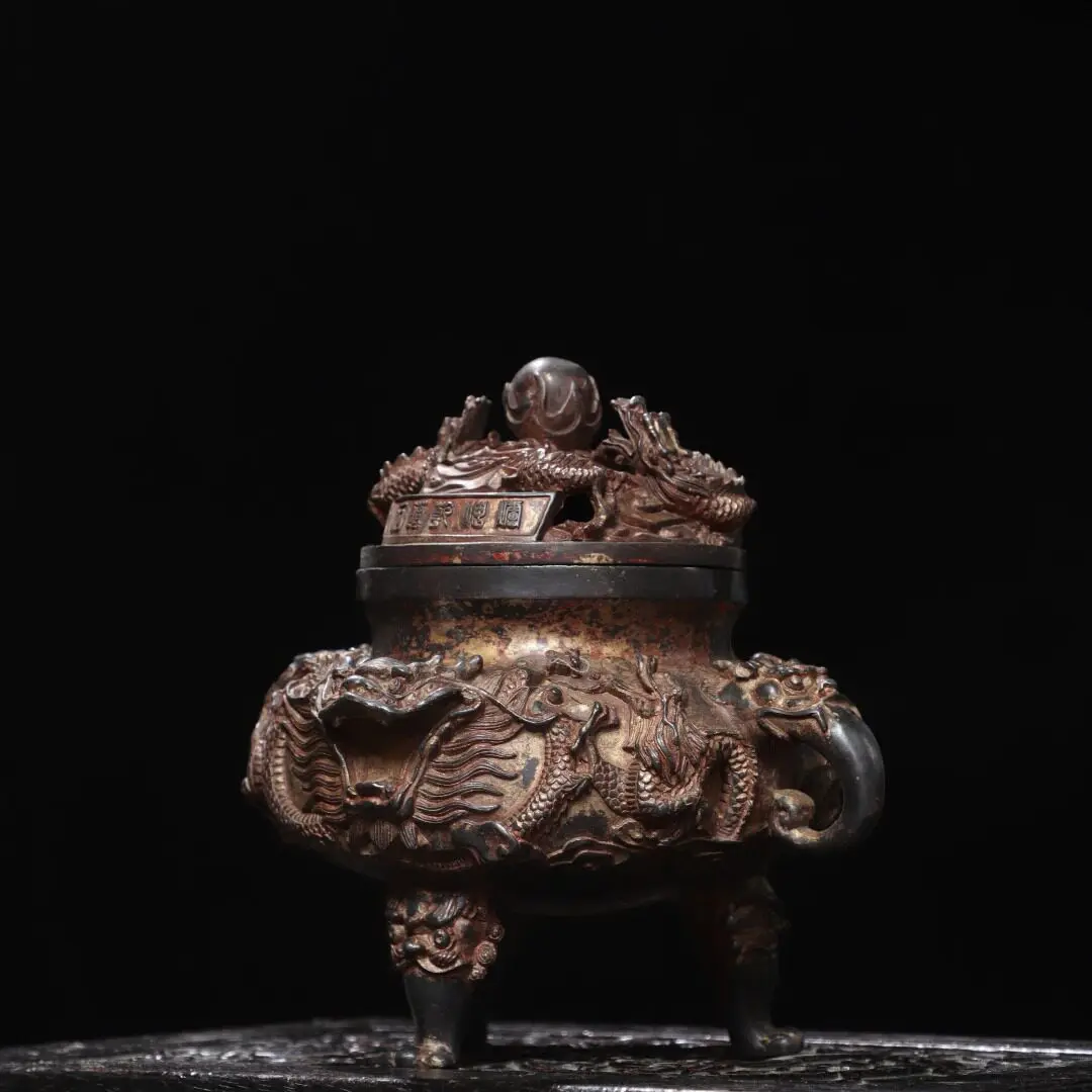 Nine Dragon Universe Tripod Incense Burner Pure Copper Antique Home Altar Sandalwood Censer