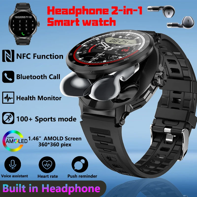 LIGE 2025 TWS Headset Smart Watch 2 in 1 Wireless Bluetooth Earphone NFC Blood Pressure Heart Rate Monitor Sports Men Smartwatch