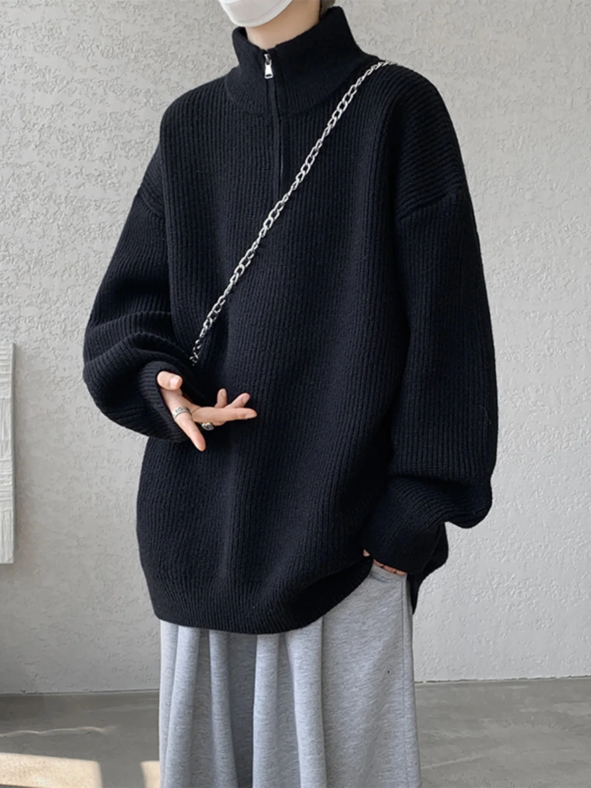 

Мужской вязаный свитер свободного кроя с высоким воротником, повседневный, зимний, для ношения под одеждой, оверсайз, удобный, в расслабленном стиле, на молнии