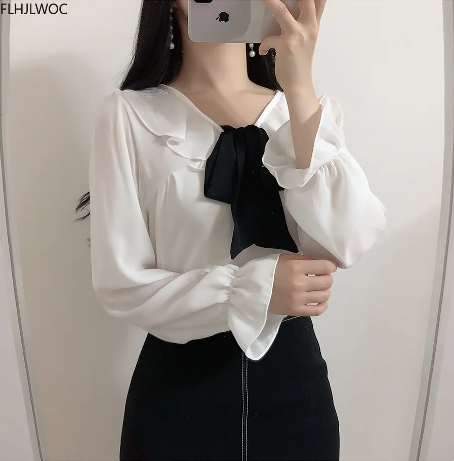 Bow Tie Tops 2022 Summer Cute Sweet Preppy Style Girls White Ruffled Shirt Elegant Korean Chic Women Tops Flhjlwoc Blouse