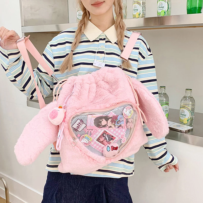 Ita Bag, Rucksack mit Klarsichtfenster, Damenmode-Plüsch-Umhängetasche mit Kordelzug, Leichte Schultasche mit großer Kapazität – Detail 22