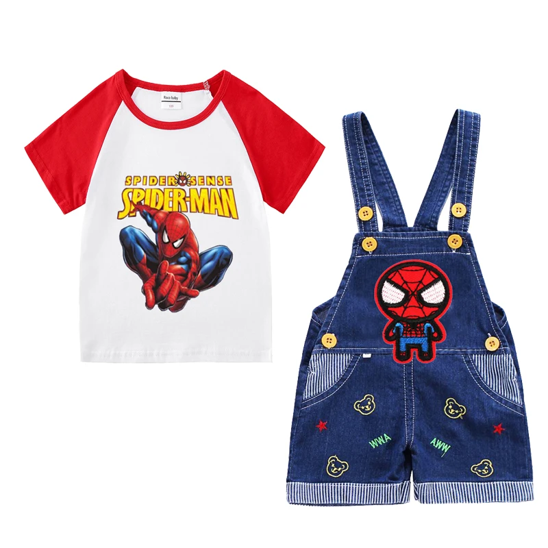 1-4 Years Toddler Infant Baby Boy Clothes Set Boys Casual Spiderman Short Sleeve T-shirt Tops Denim Shorts Infant Summer Outfits