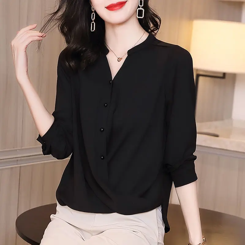 Fashion V-Neck Button Irregular Oversized Chiffon Shirt Loose Office Lady Tops Spring and Summer Elegant Women\'s Clothing Blouse