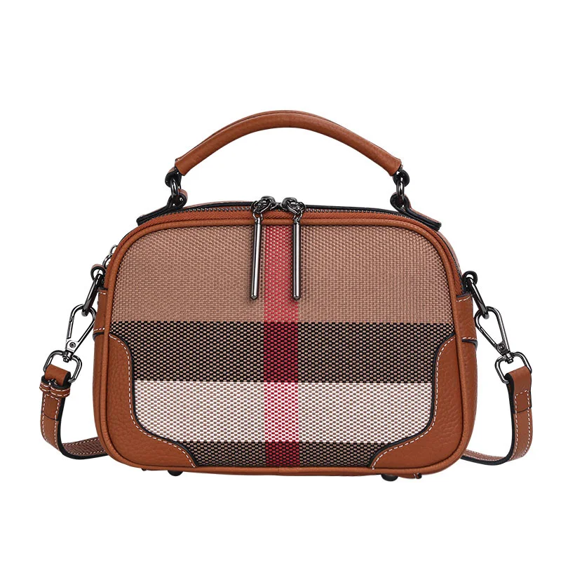 Classic plaid women's one shoulder crossbody bag is a mini square bag made of high-quality canvas and cowhide