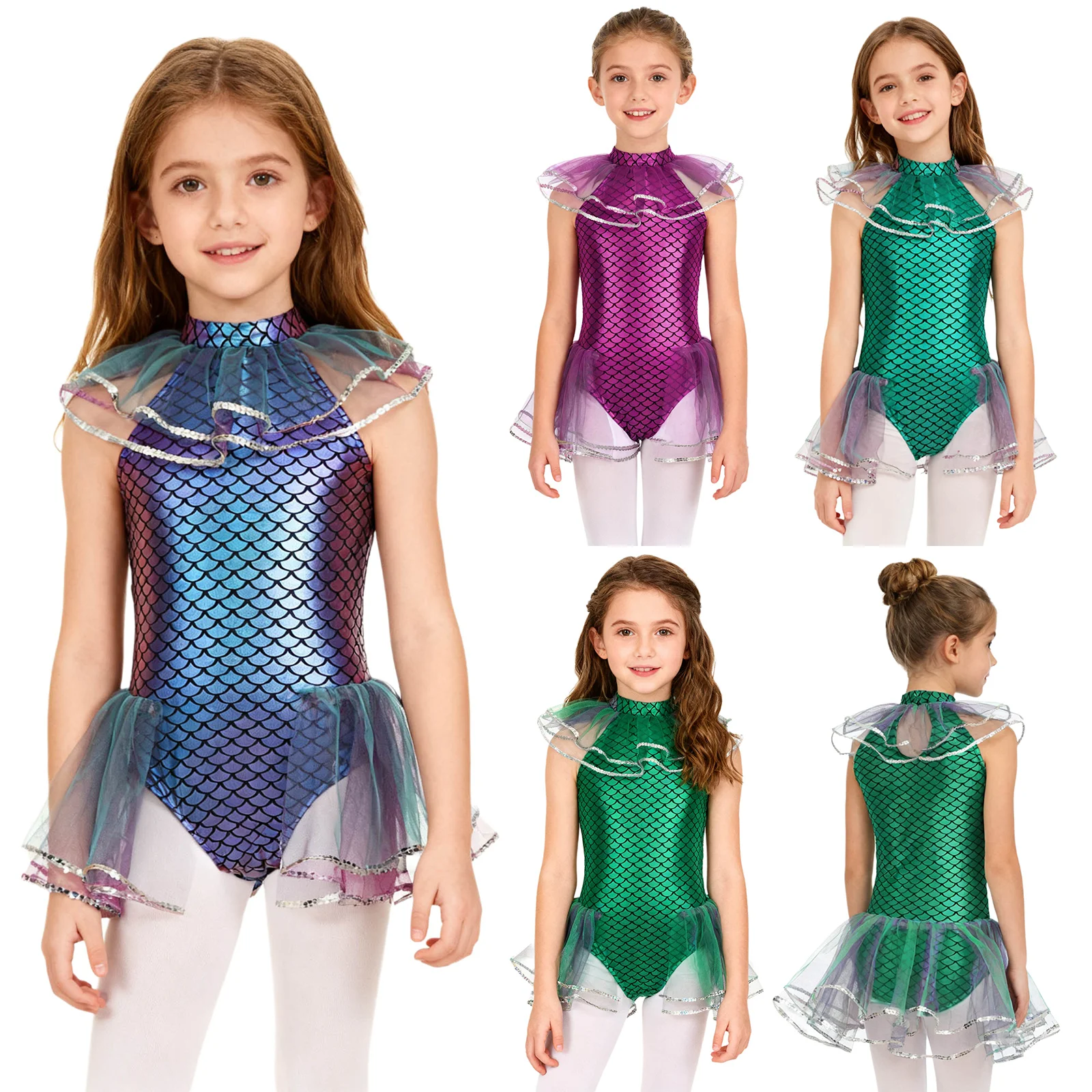 أطفال بنات حورية البحر ارتداءها لامعة قشور السمك طباعة الترتر شبكة توتو يوتار مع أكمام أذرع تبريد هالوين كرنفال تأثيري حلي