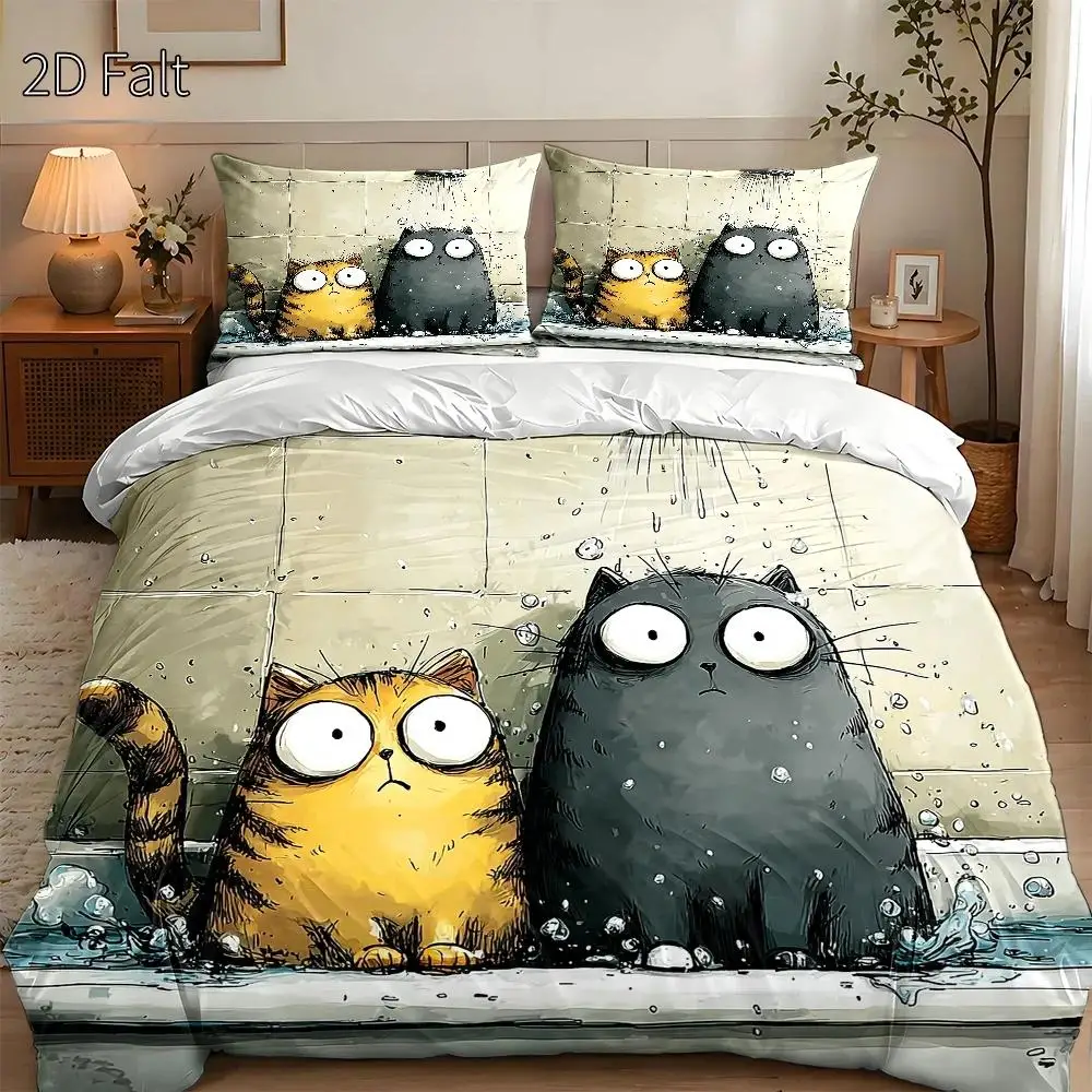 3-Piece Quilt Cover Set, 1 Quilt Cover + 2 Pillowcases (Without Filling) 2D Flat Priting, Three-Piece Quilt Cover Set, Cartoon Cat Theme, Hand-Painted Style, International Cat Day, Suitable for All Seasons, Machine Washable, Invisible Zipper, Large Quilt Cover Set, Bedding Set, Skin-Friendly and Breathable, Soft and Comfortable, Does Not Fade or Pill, Suitable for Home/Dormitory