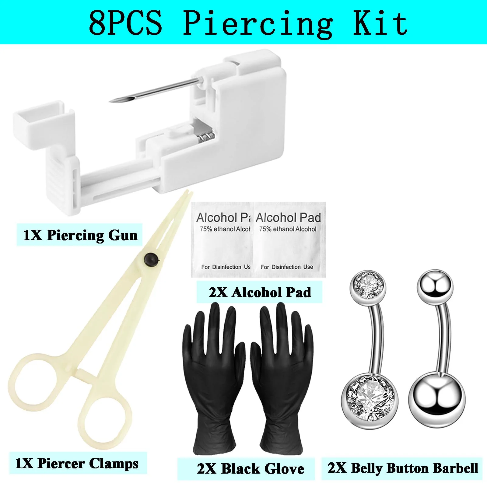 8Pcs Belly Button Piercing Jewelry Kit Navel Rings Piercing Gun Professional Tools Hollow Needle Piercer Clamps