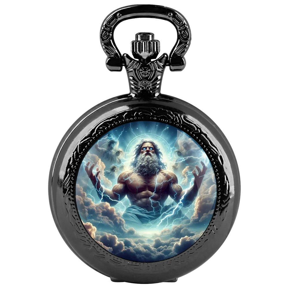 Zeus The God of Olympus Orologio da tasca al quarzo nero con cupola in vetro con quadrante con numeri arabi e catena resistente, regalo per uomini e donne