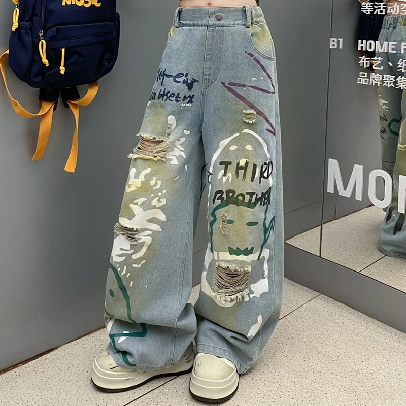 

2025 Spring Autumn Kids Girl Graffiti Ripped Jeans With Hole American Child High Street Loose Wide Leg Denim Pants with Drawings