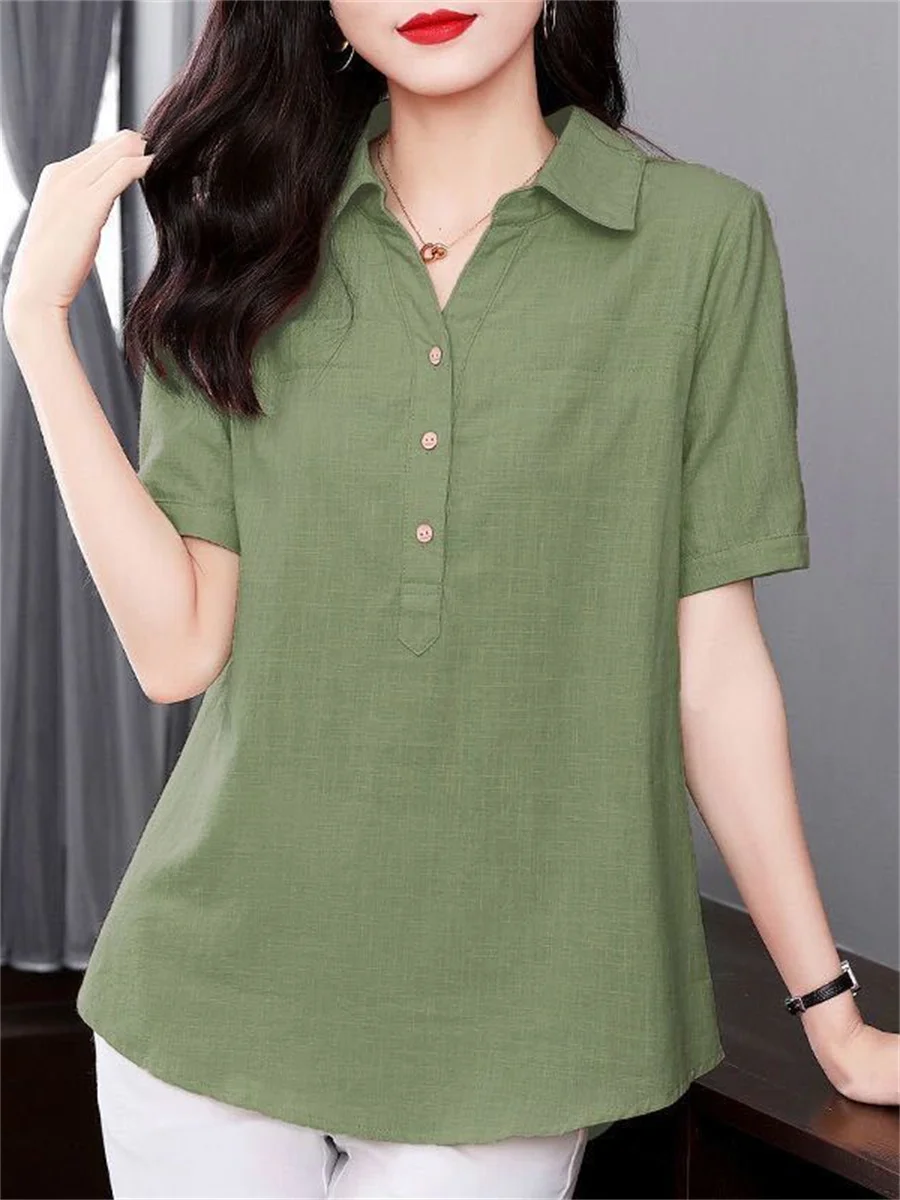 5XL Women Spring Summer Blouses Shirts Lady Fashion Casual Short Sleeve Turn-down Colla Solid Color Blusas Tops TT2065