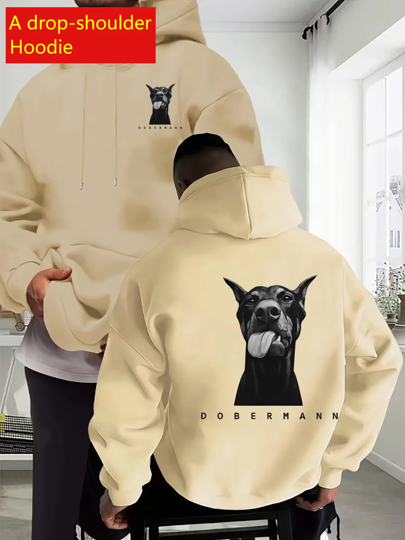 Doberman Dog Print Drop Shoulder Hoodie Men Streetwear Casual Pullover Sweatshirt Tops Streetwear Fashion Top EU Size XS-5XL