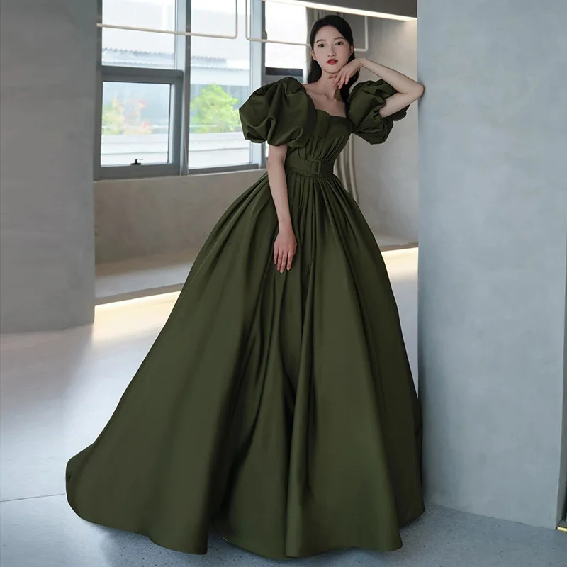 Robes de soirée princesse vert foncé pour femmes, manches courtes bouffantes, robe de Rhpour dames, train chapelle formelle, robe de RhA-ligne, robe de soirée