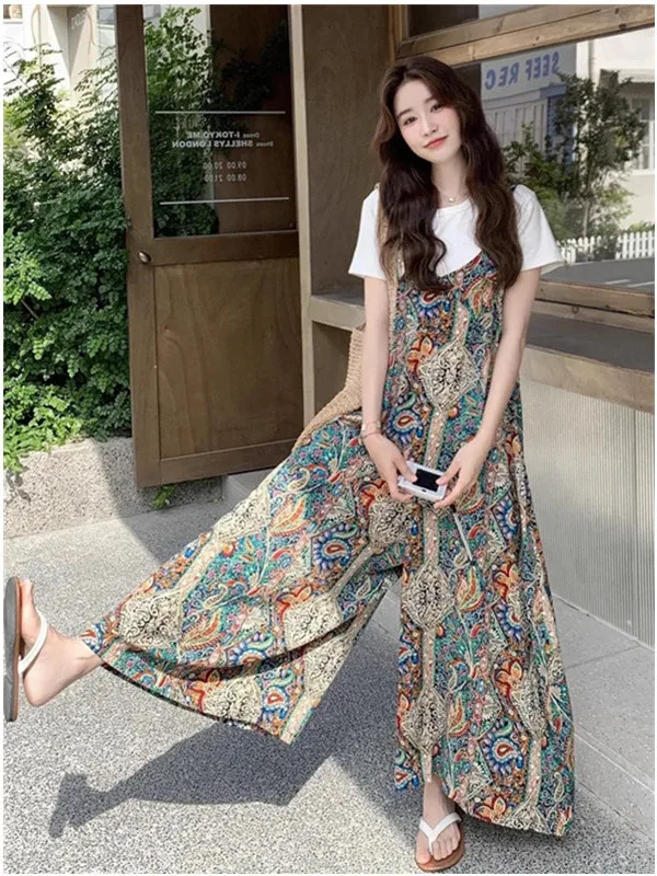 

Summer 2026 New Retro Japanese Sle n Print Casual Versatile Women's One-Piece Pants High Waist Asymmetric Polyester ...
