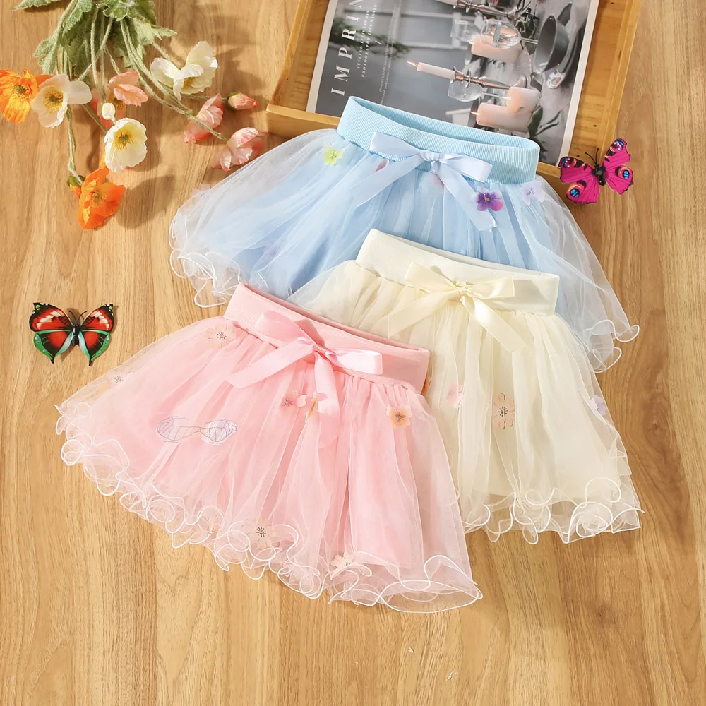 Costume for Baby Summer Bow And Floral Pattern Solid Color Multi-Layer Design Fluffy Gauze Tutu Skirt Cute Simple Girl Clothes
