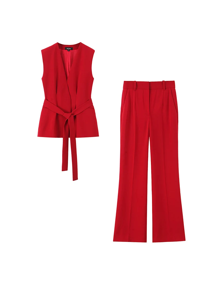 

KUCLUT Women Fashion 2 Piece Set Red V-Neck Tank Tops With Belt & Vintage Front Zipper Flare Pants Female Chic Pants Suit
