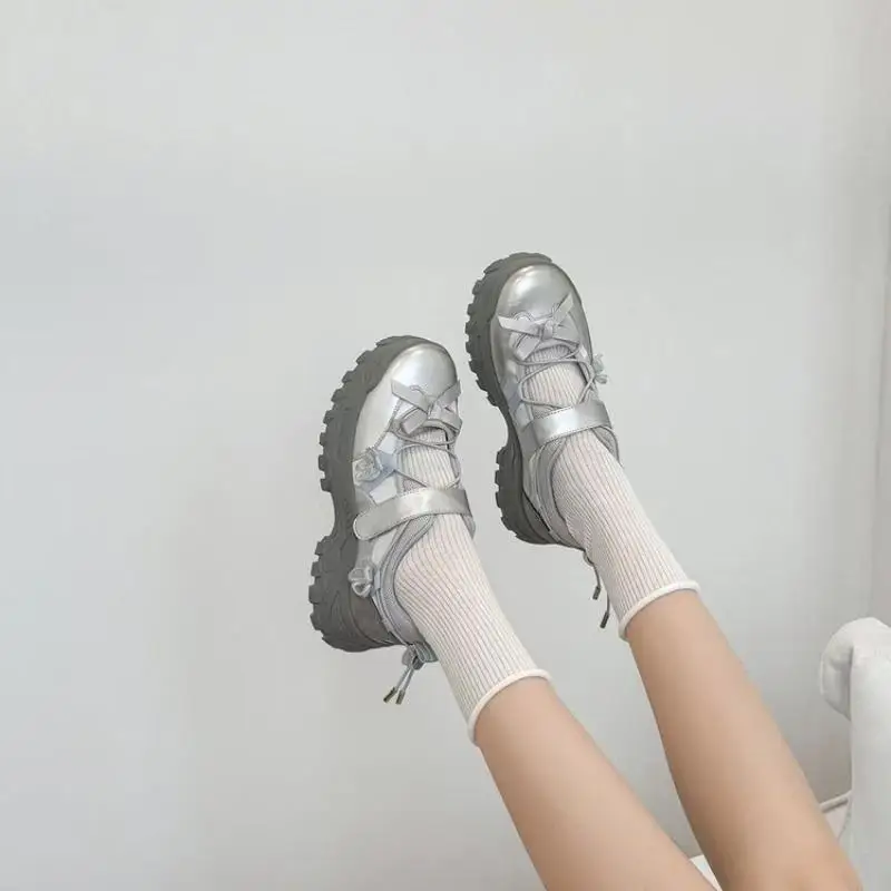Women Mary Jane Shoes with Knot Thick Bottom Heightening Magic Tape Sports Round Head Ladies Sneakers - view 6